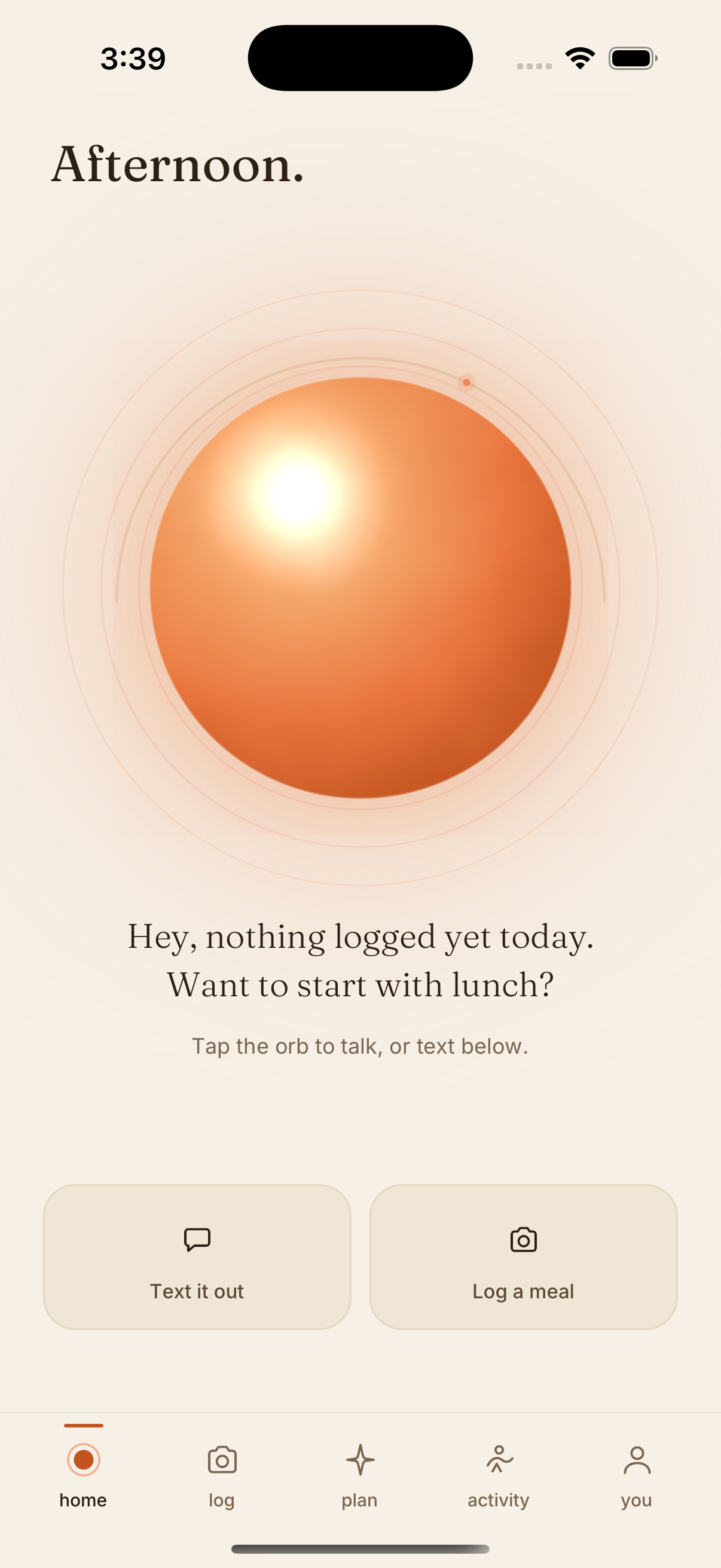 BetterPath iPhone home screen with the Food Noise Rescue orb and meal logging action.