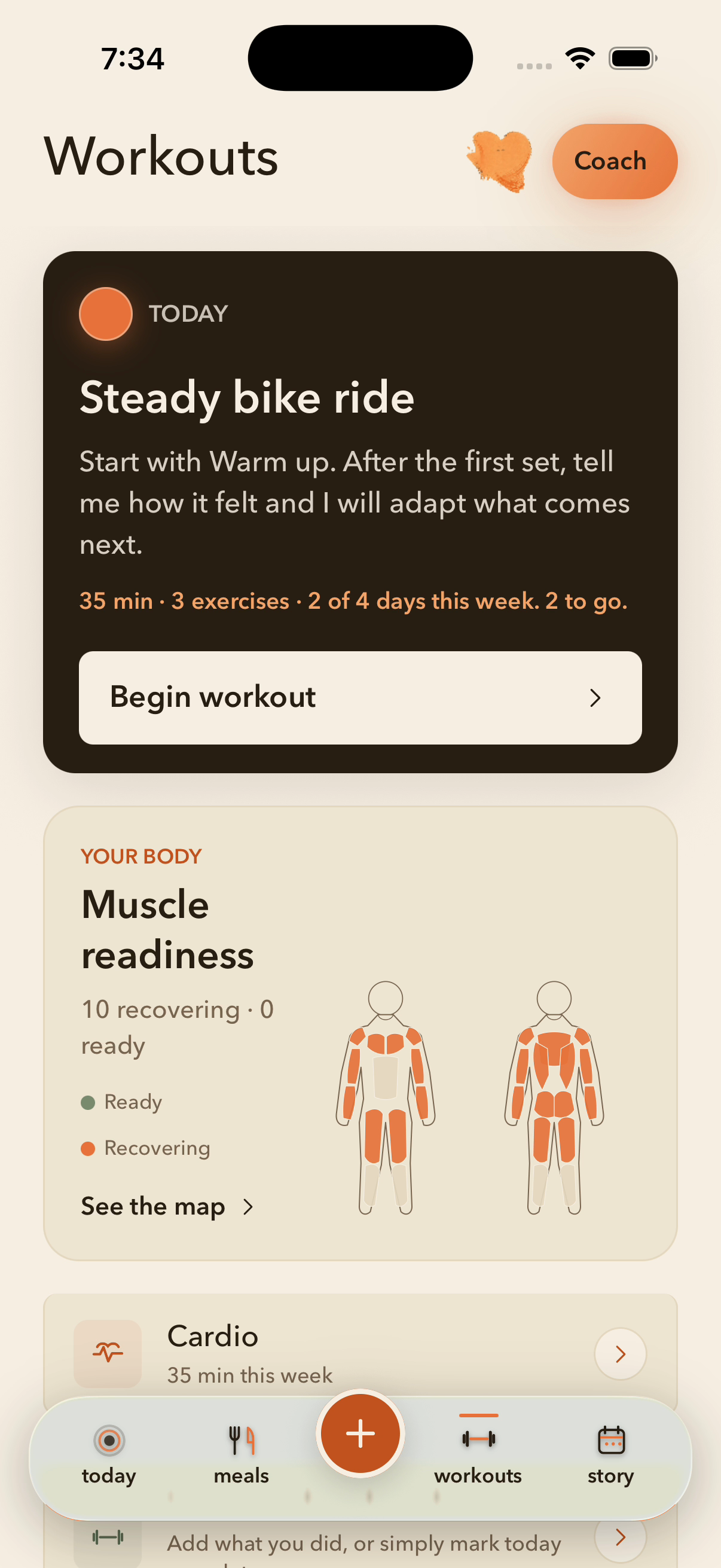 BetterPath for iPhone showing a personalized workout and muscle readiness.
